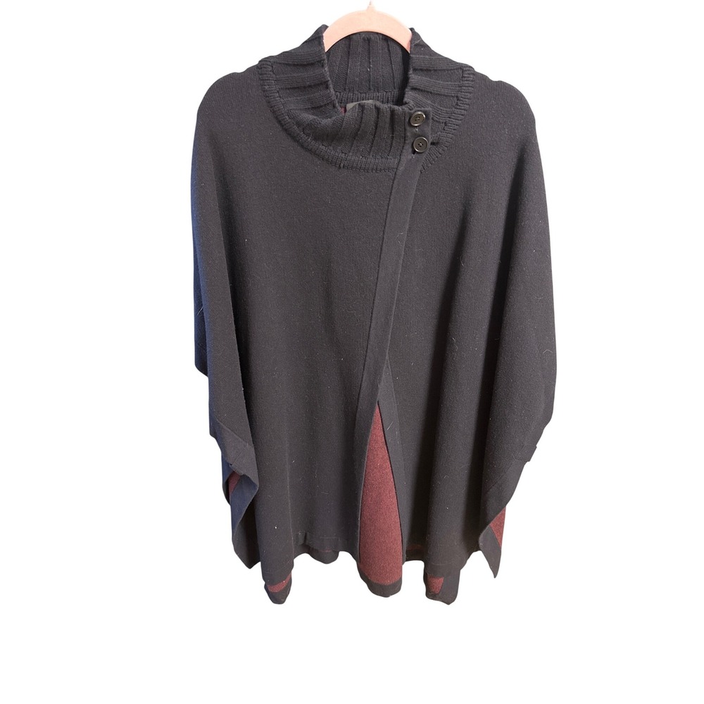Womens Black Knit Poncho Turtleneck Asymmetrical Button Closure